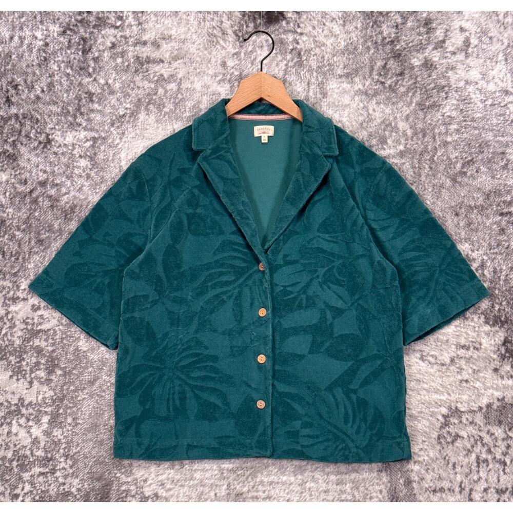 Faherty Cabana Towel Terry Camp Shirt Medium Womens Jewel Blue Green Floral